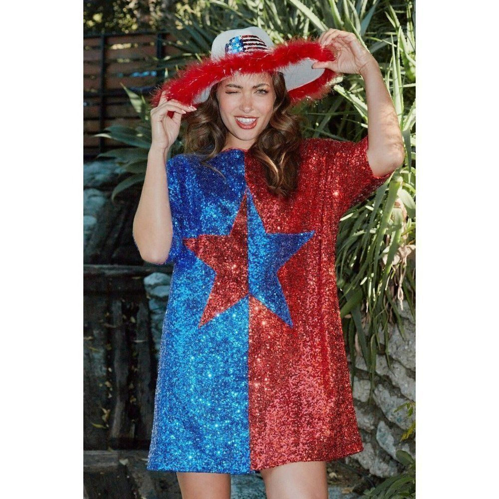 Fantastic Fawn Big Reputation Color Block Sequin Star Dress Red/Blue IFD54232-01 - Picture 6 of 8